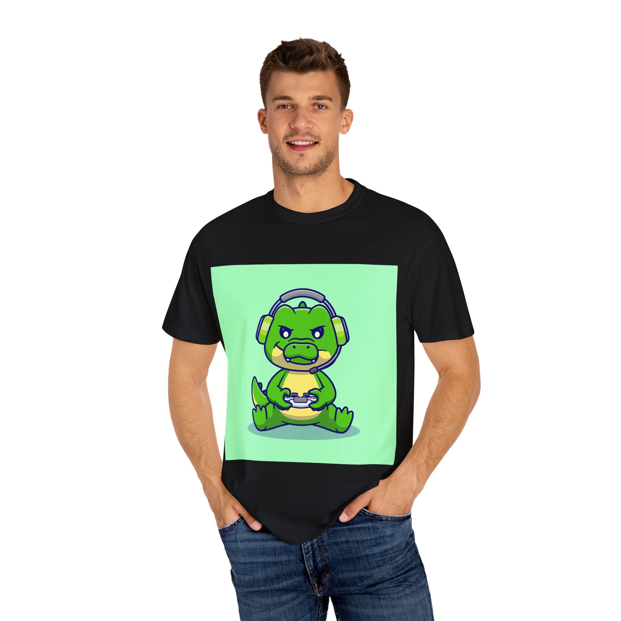 Playful Gaming Dinosaur T-shirt | Unisex Tee for Gamers, Unique Gift for Birthdays, Cute Cartoon Shirt, Casual Wear, Funny Graphic Tee