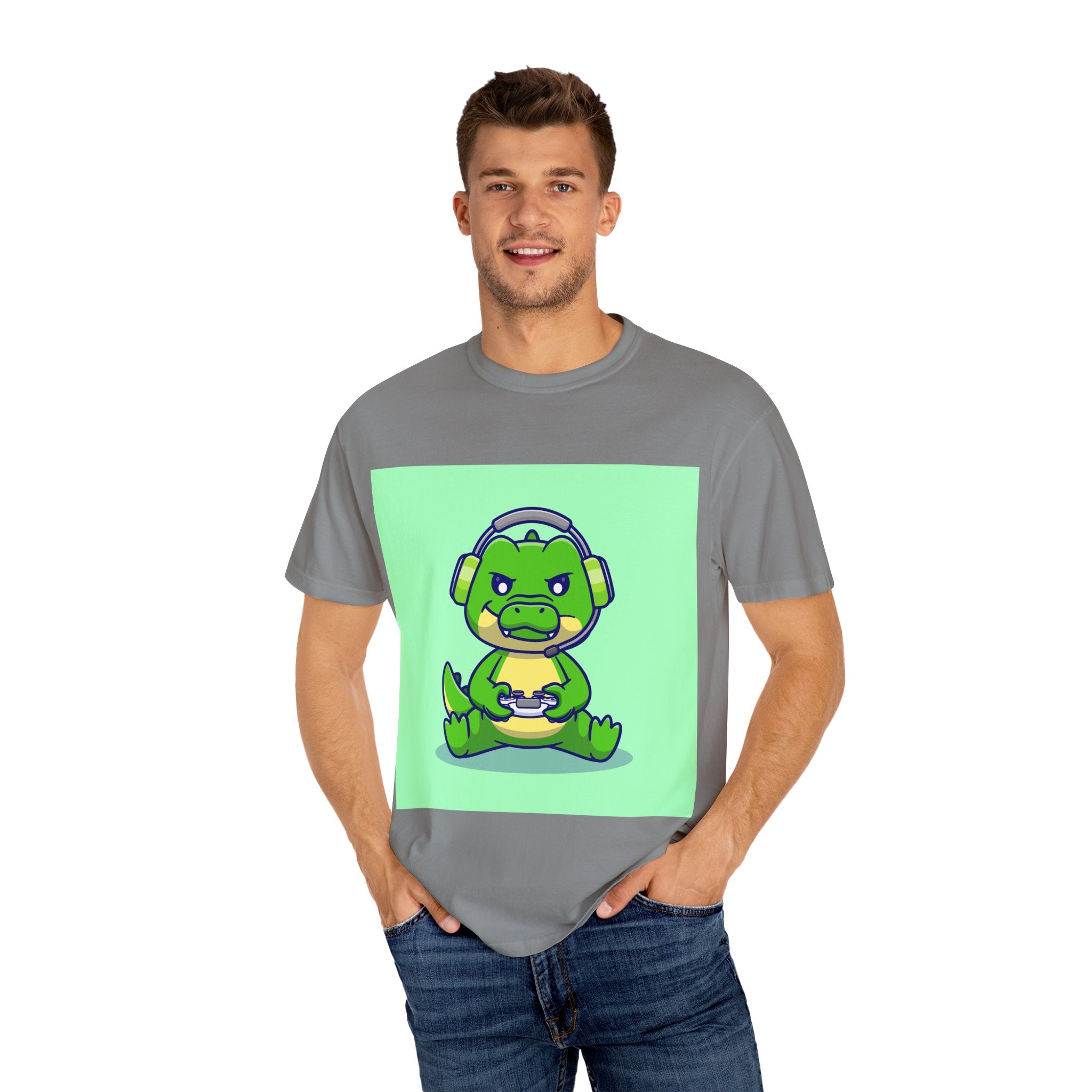 Playful Gaming Dinosaur T-shirt | Unisex Tee for Gamers, Unique Gift for Birthdays, Cute Cartoon Shirt, Casual Wear, Funny Graphic Tee