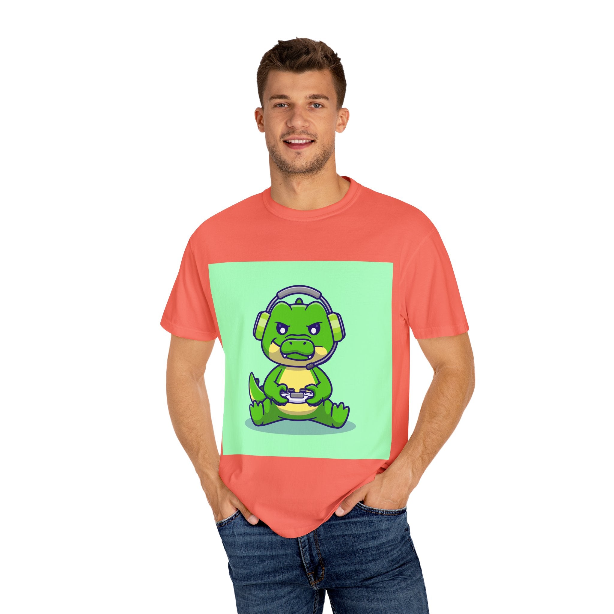 Playful Gaming Dinosaur T-shirt | Unisex Tee for Gamers, Unique Gift for Birthdays, Cute Cartoon Shirt, Casual Wear, Funny Graphic Tee
