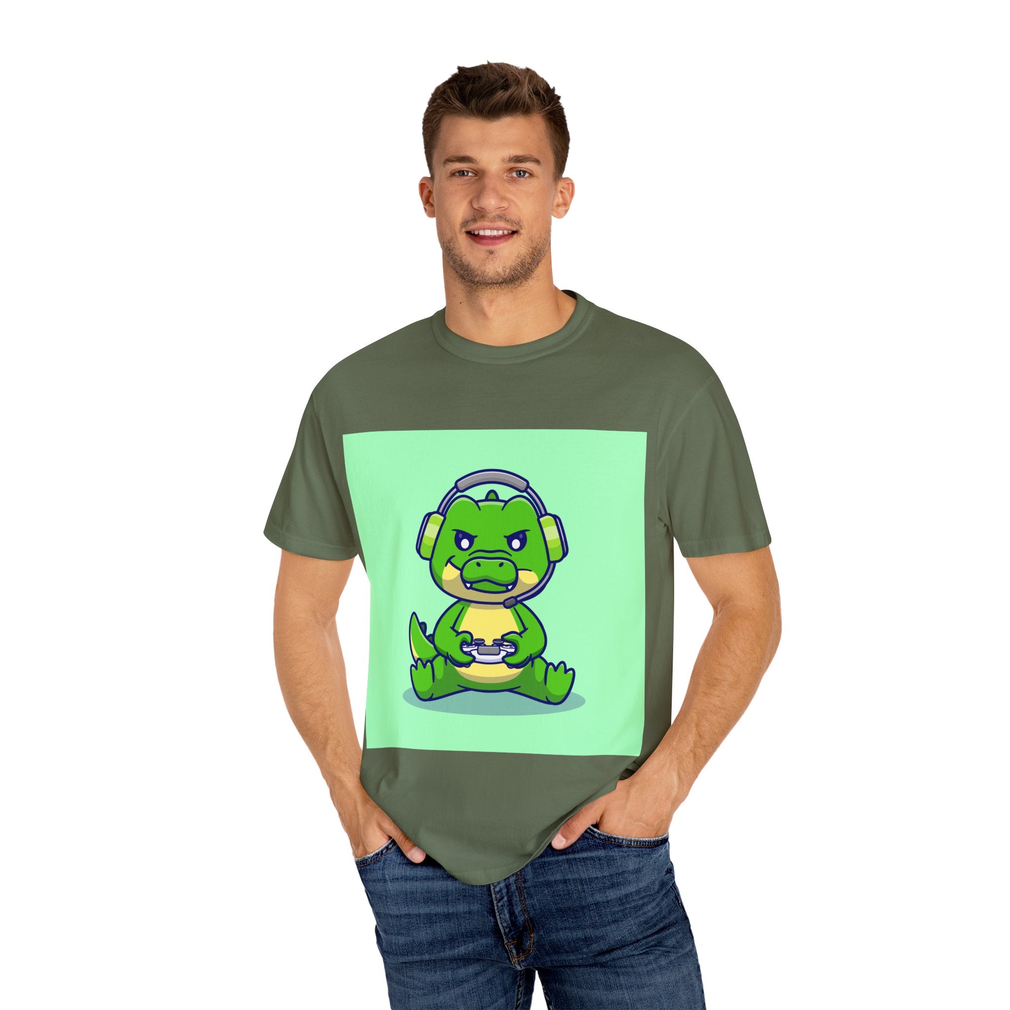 Playful Gaming Dinosaur T-shirt | Unisex Tee for Gamers, Unique Gift for Birthdays, Cute Cartoon Shirt, Casual Wear, Funny Graphic Tee