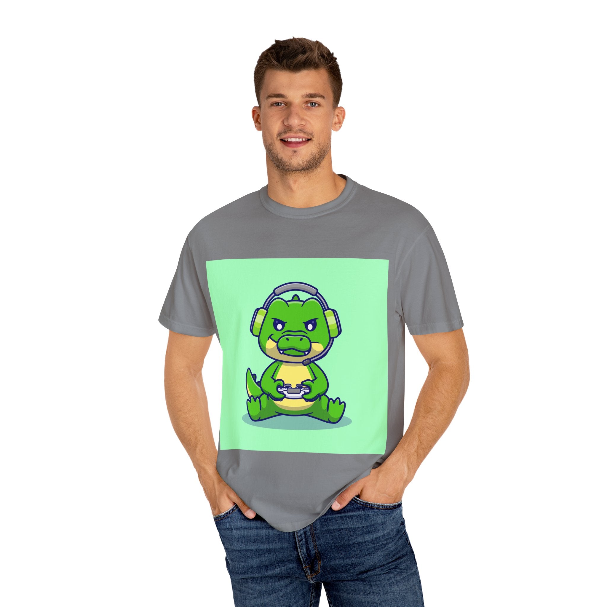Playful Gaming Dinosaur T-shirt | Unisex Tee for Gamers, Unique Gift for Birthdays, Cute Cartoon Shirt, Casual Wear, Funny Graphic Tee