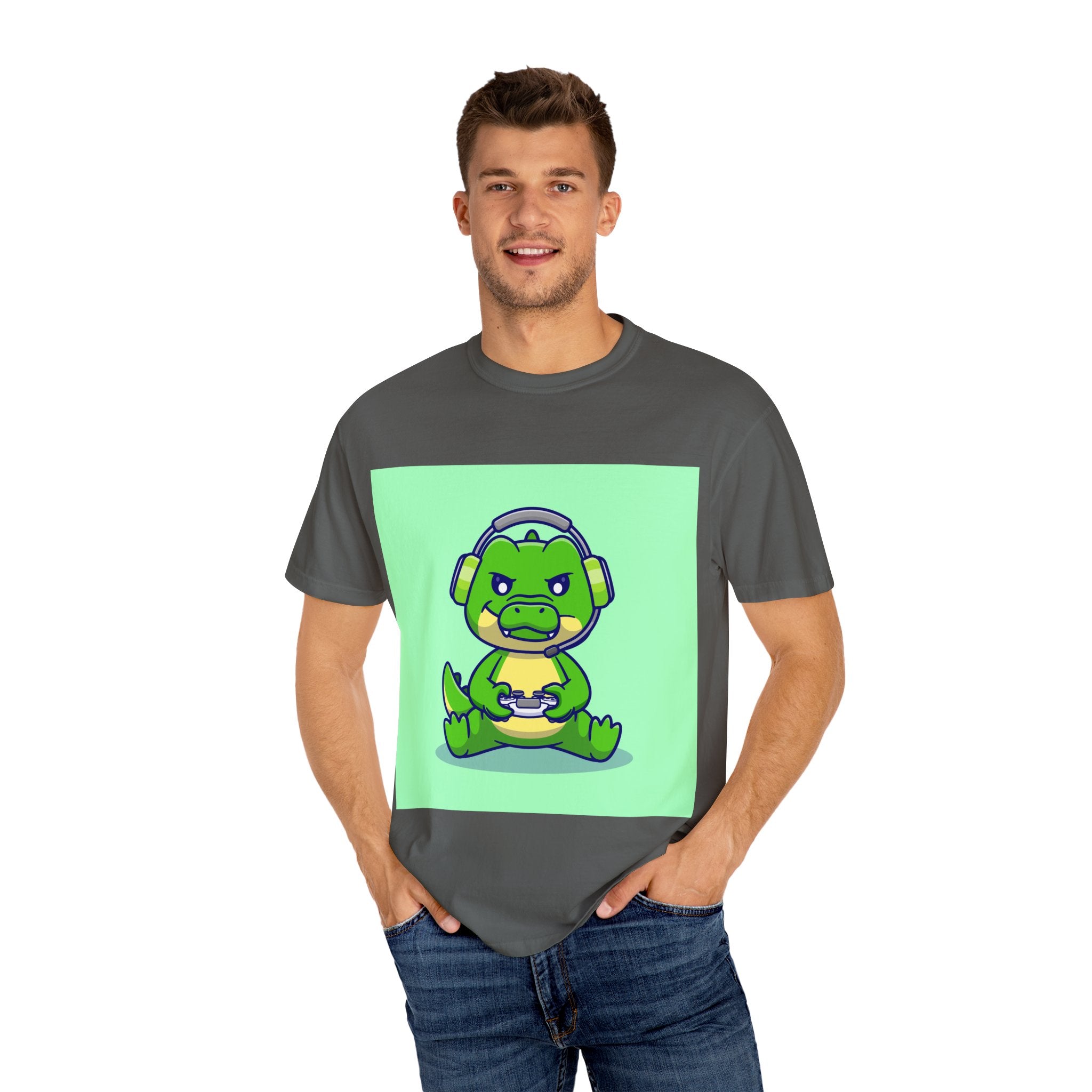 Playful Gaming Dinosaur T-shirt | Unisex Tee for Gamers, Unique Gift for Birthdays, Cute Cartoon Shirt, Casual Wear, Funny Graphic Tee