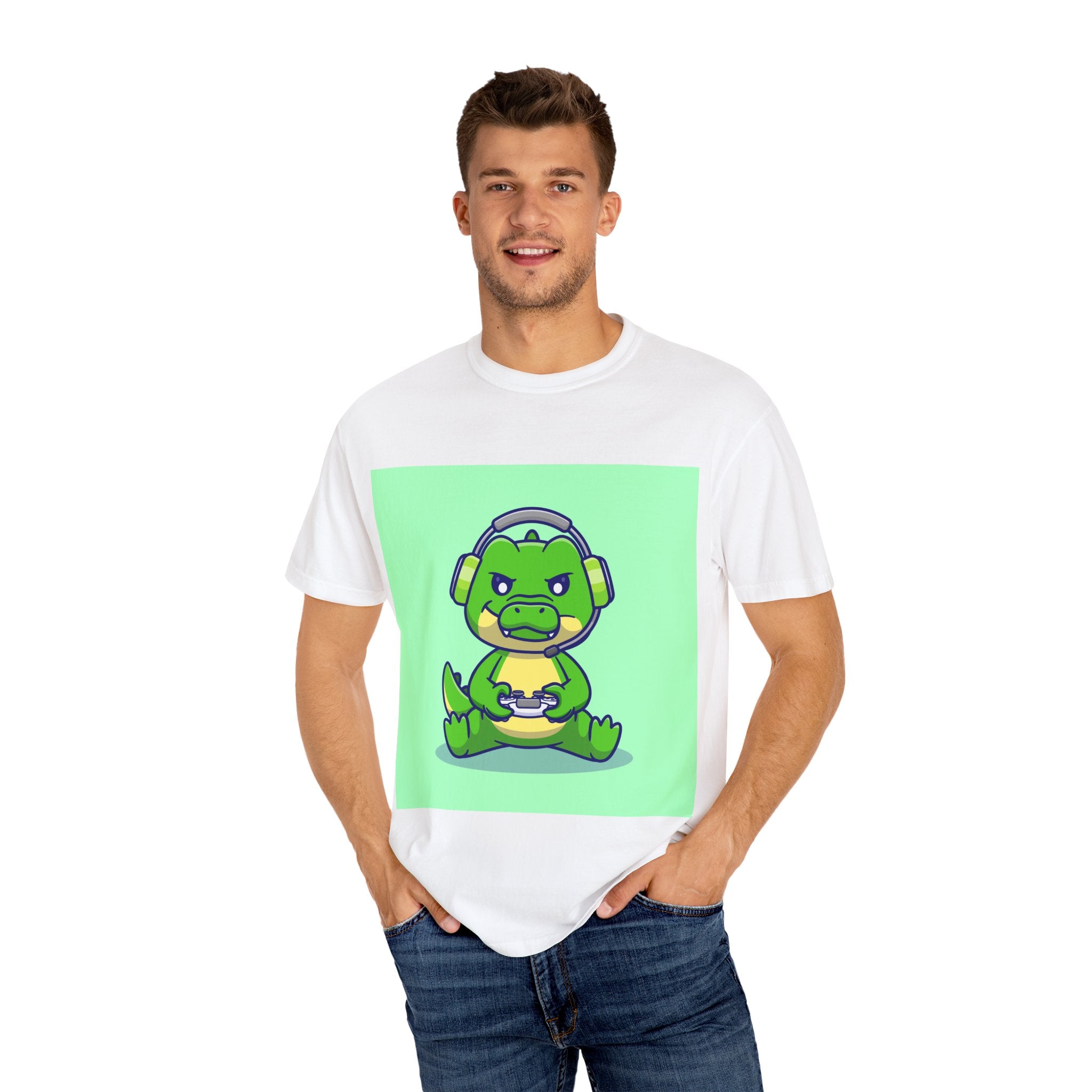 Playful Gaming Dinosaur T-shirt | Unisex Tee for Gamers, Unique Gift for Birthdays, Cute Cartoon Shirt, Casual Wear, Funny Graphic Tee