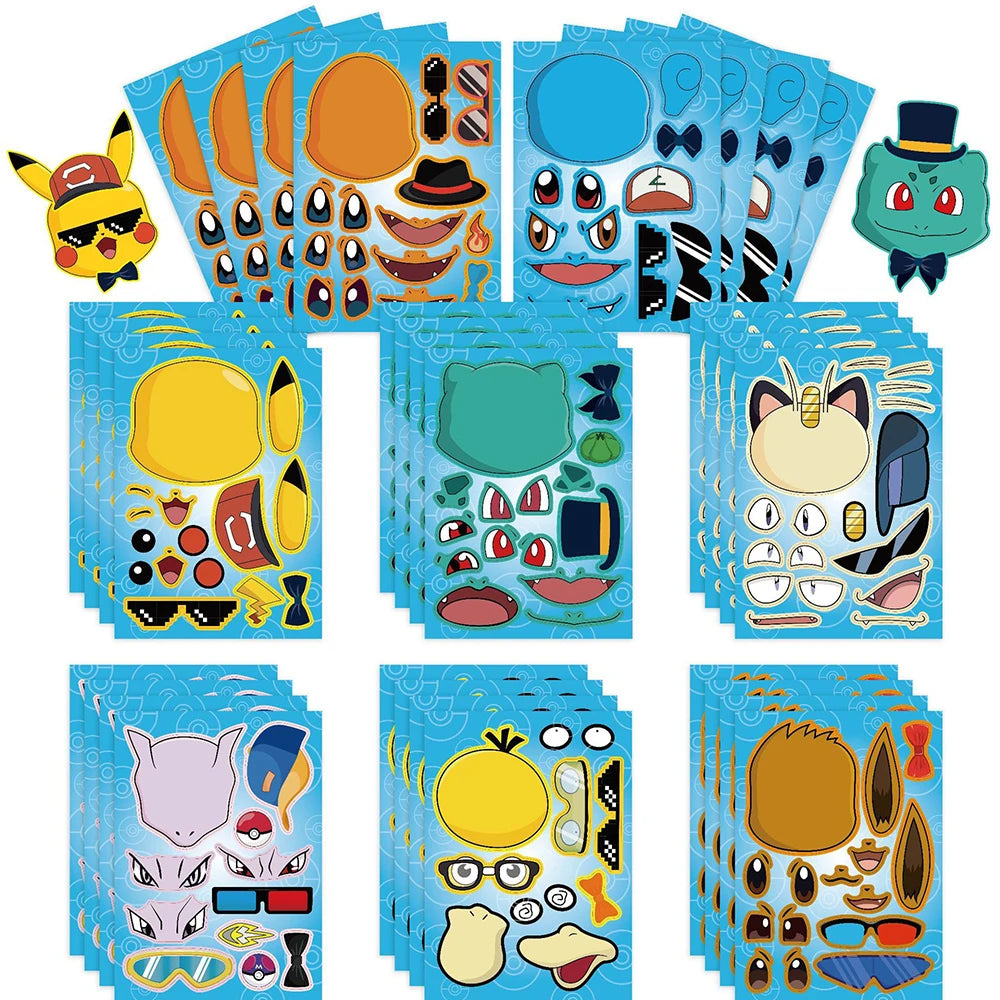 6/8/12/16Sheets Pokemon Puzzle Stickers Children Make a Face Pikachu Gengar Anime Assemble Jigsaw Kid DIY Game Party Decoration