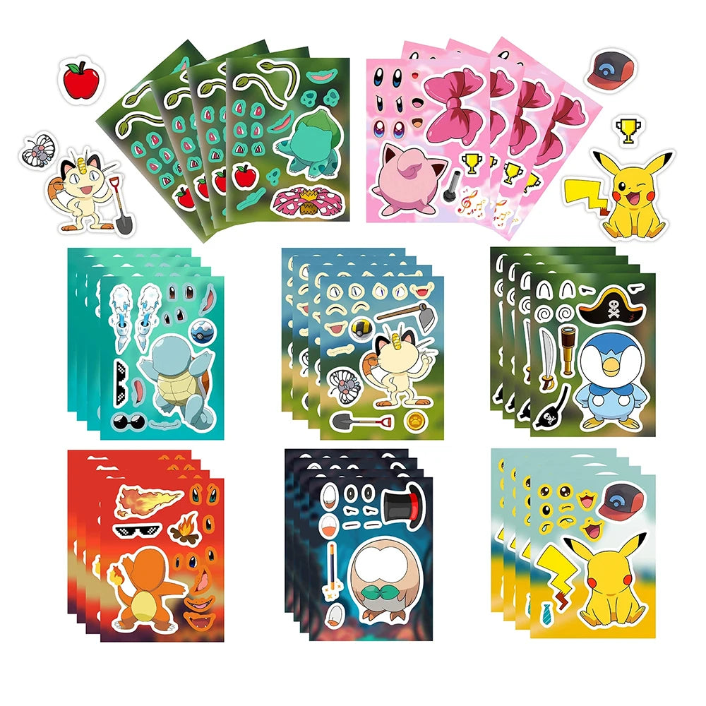 6/8/12/16Sheets Pokemon Puzzle Stickers Children Make a Face Pikachu Gengar Anime Assemble Jigsaw Kid DIY Game Party Decoration