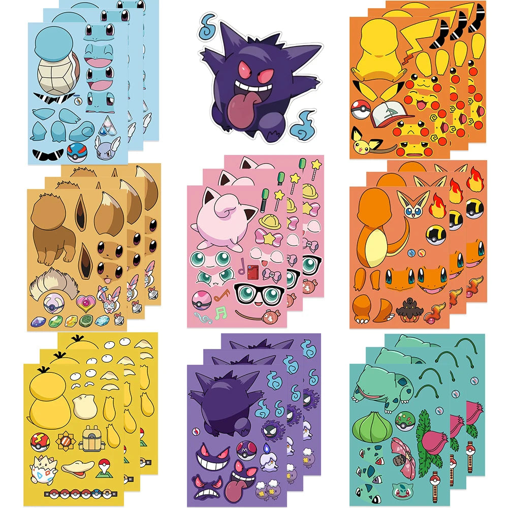 6/8/12/16Sheets Pokemon Puzzle Stickers Children Make a Face Pikachu Gengar Anime Assemble Jigsaw Kid DIY Game Party Decoration