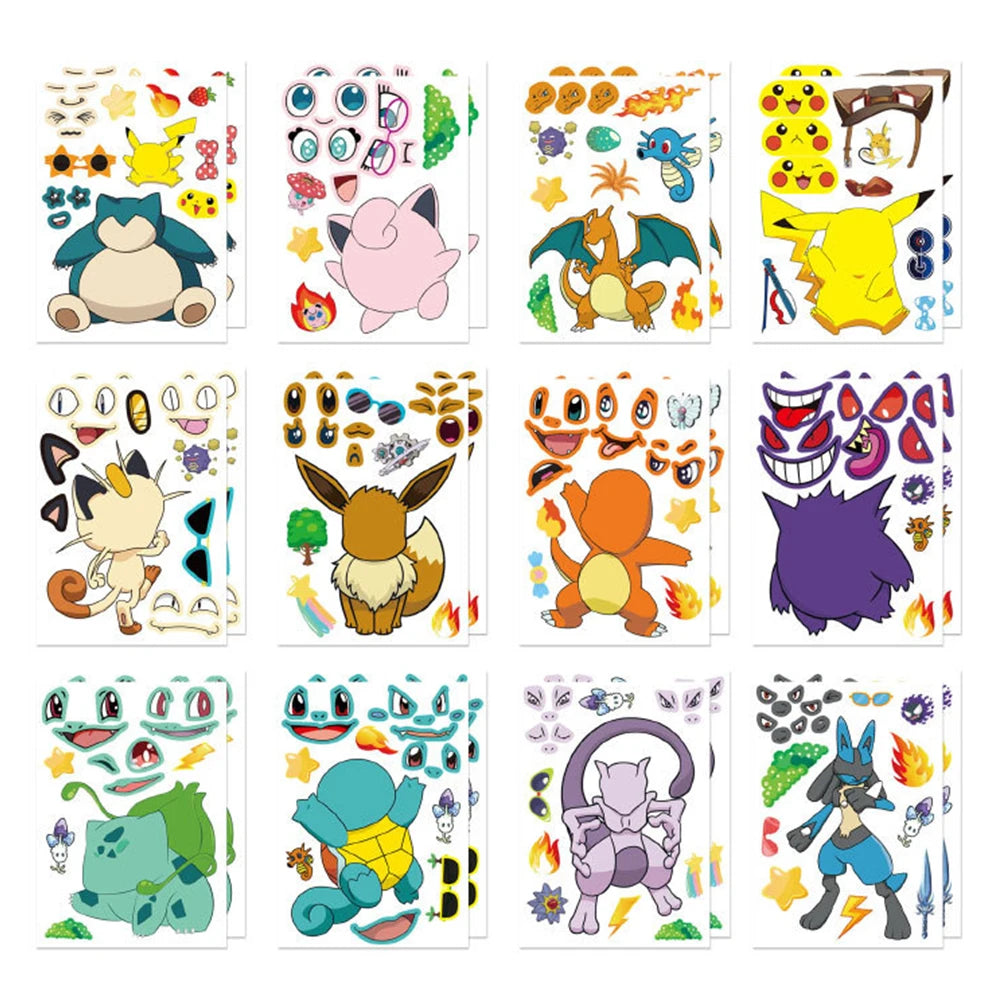 6/8/12/16Sheets Pokemon Puzzle Stickers Children Make a Face Pikachu Gengar Anime Assemble Jigsaw Kid DIY Game Party Decoration