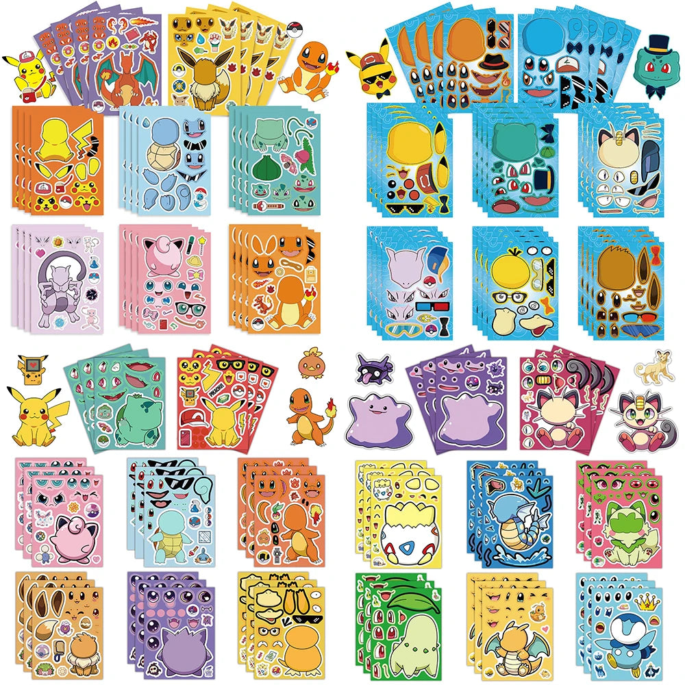6/8/12/16Sheets Pokemon Puzzle Stickers Children Make a Face Pikachu Gengar Anime Assemble Jigsaw Kid DIY Game Party Decoration