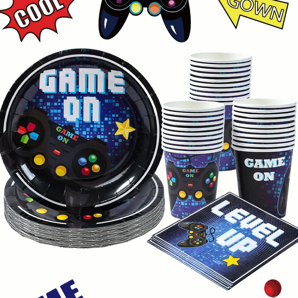 Game On Theme Party Decoration Disposable Paper Plates Cup Video Game Birthday Party Supplies Gaming Boys Birthday Party Decor