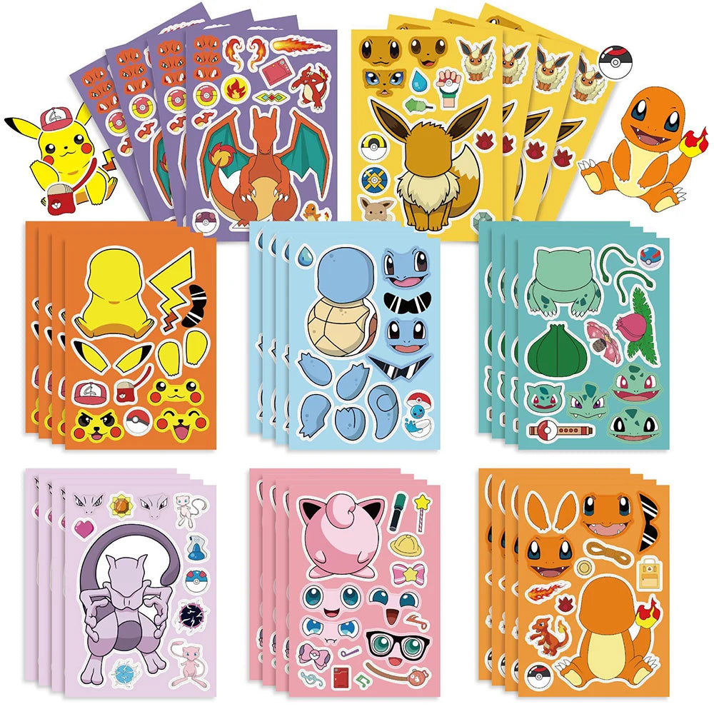 6/8/12/16Sheets Pokemon Puzzle Stickers Children Make a Face Pikachu Gengar Anime Assemble Jigsaw Kid DIY Game Party Decoration
